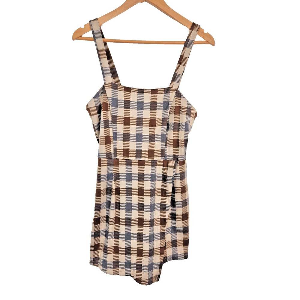 Womens‎ Plaid Skort Romper Brown Blue Checkered Sleeveless Wrap Front Mini
